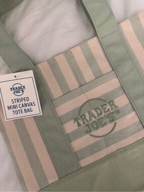 Trader Joe's Mint & Cream Striped Canvas Tote Bag